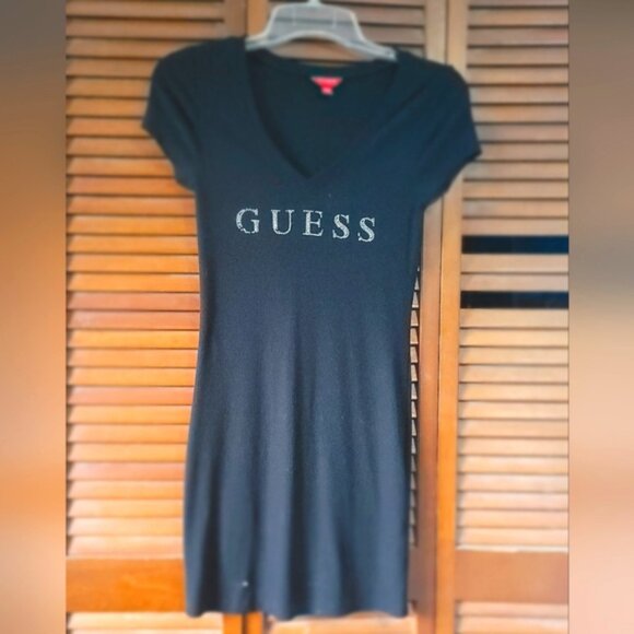 Guess Black Bodycon Mini Dress With Ribbed Design, And Rhinestone LOGO Size Med. - Picture 1 of 6